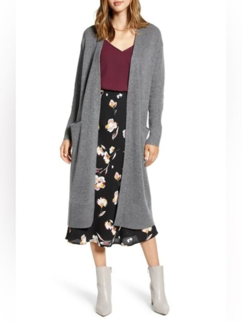 Halogen Wool & Cashmere Long Line Pocket Cardigan M Heather Gray